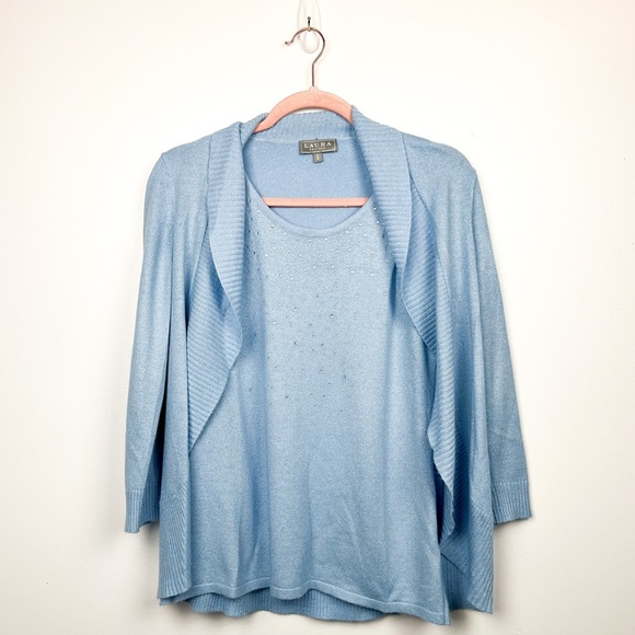 Laura Petites Long Sleeve Light Blue Sweater with Silver Sparkle and Rhinestones - Picture 1 of 9